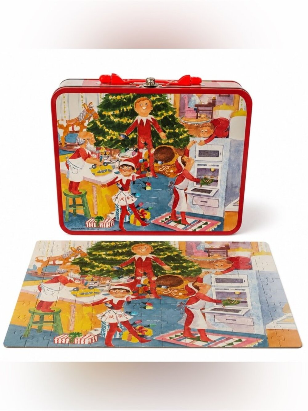 Elf on the Shelf Metal Tin Lunch Box with 48pc Christmas Jigsaw Puzzle